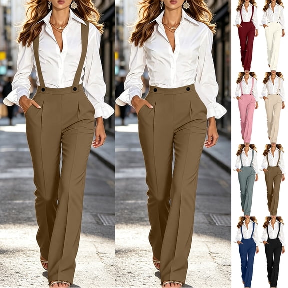 AnuYalue Shoulder Strap Jumpsuit for Women Sleeveless Straight Leg Pants Dressy Business Casual Work Pants Slacks with Pockets