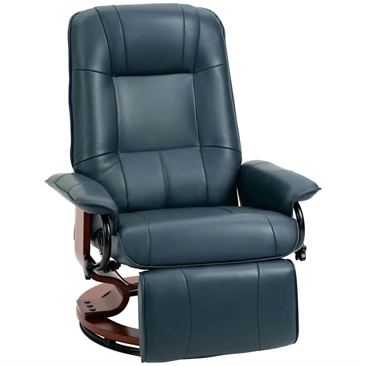 Demi Bonn 39" Faux Leather Swivel Recliner with Footrest, Armrest and Wooden Base for Living Room, Comfort High-Backed Sofa Chair, Blue