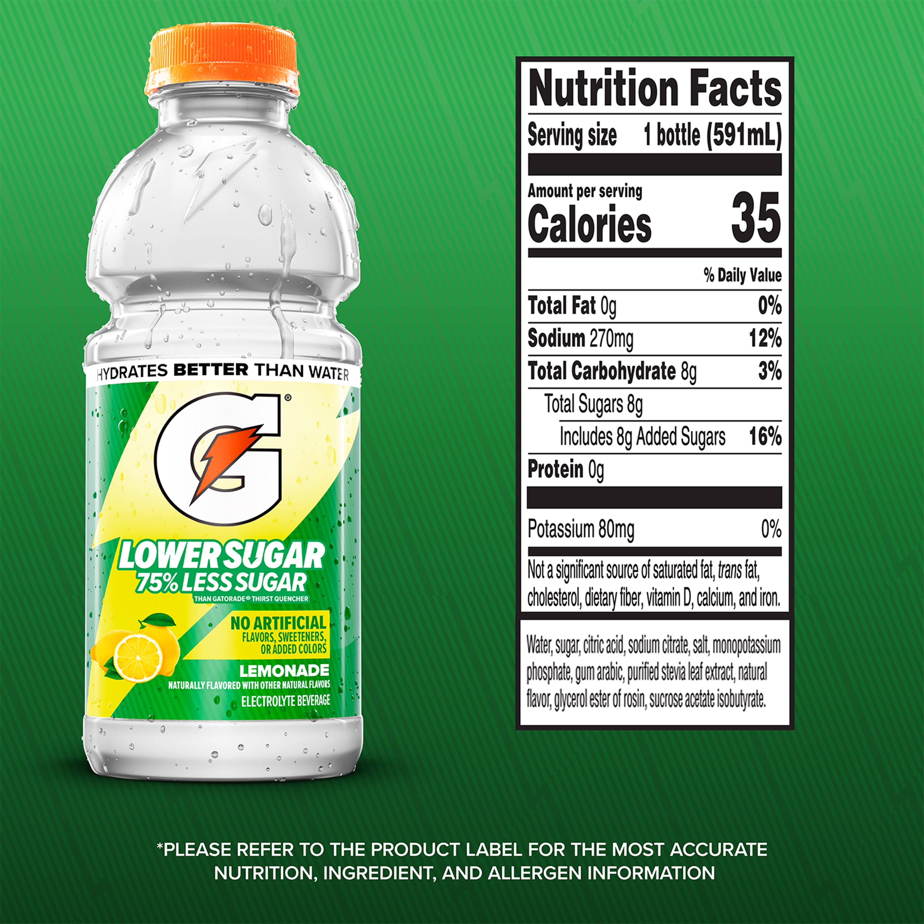 Gatorade Lower Sugar, No Artificials Lemonade Flavored Electrolyte Sports Drink, 20 fl oz 6 Pack, 75% Less Sugar, Hydration