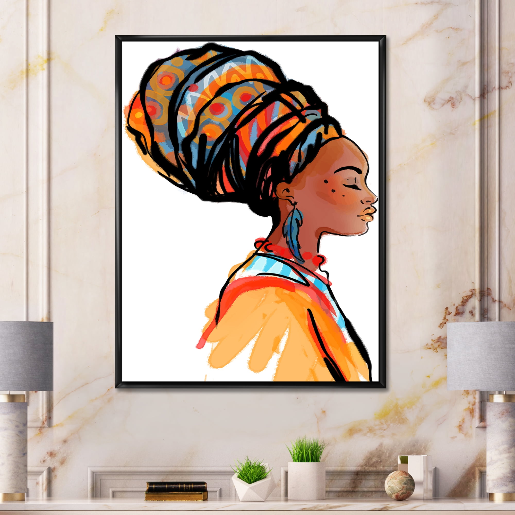 Designart 'Afro American Woman with Turban I' Modern Framed Canvas Wall Art Print
