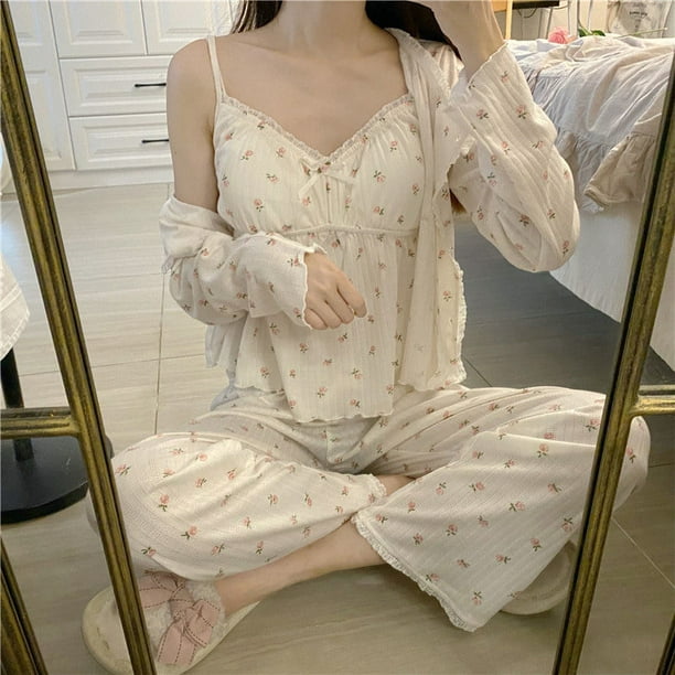 VOIANLIMO New Long Sleeve Pocket Print Women's Cotton Pajama Set Pajamas  Loose Soft Two Piece Set