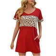 thumbnail image 2 of Robes Robe d'Été Robe Décontractée à Manches Courtes Col en V Motif Léopard Patchwork Poche T-Shirt Jupe Robe Couleur Unie Robe à Manches Courtes Col en V pour Enfants Rouge TTTG, 2 of 6