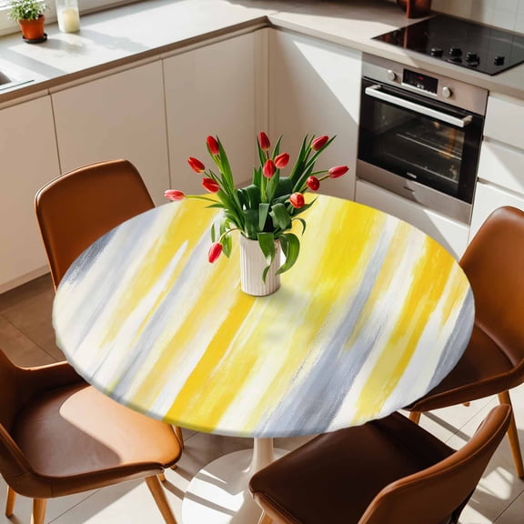 Grey Yellow Abstract Texture Round Fitted Tablecloth with Elastic Edge,Waterproof Table Cloth Fits Tables Up to 45"-54",Wipeable Washable Table Cover for Indoor Outdoor Dinning Party,Retro Graffiti