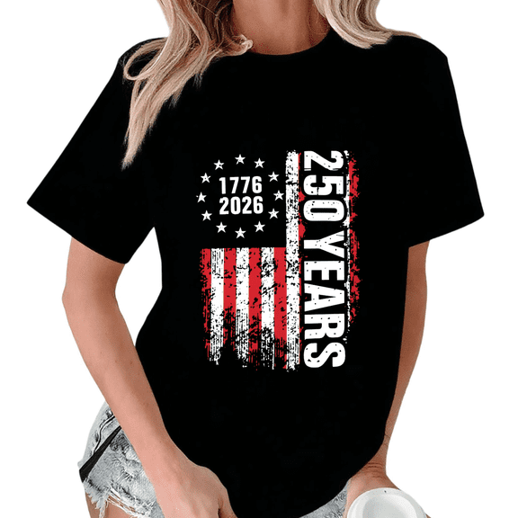 Giffimy Women's USA 250 Years 1776-2026 Distressed Flag Graphic Short Sleeve T-Shirt Black S-5XL Relaxed Fit Cotton Top