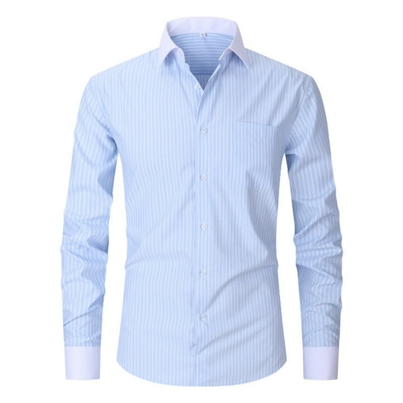 Mens Business Casual Shirts with Pocket and Collar Long Sleeve Button-Down T-Shirts Wrinkle-Free Slim-Fit Stripe Printed Work Shirt Tops