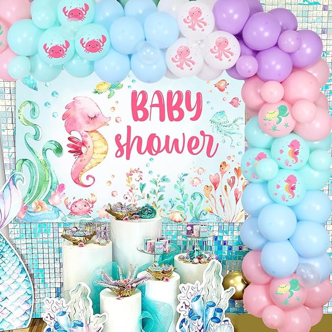 Ocean Themed Baby Shower for Girl - Under The Sea Baby Shower Decorations Balloon Garland Arch Kit, Octopus Seahorse Bubble Fish Foil Balloons with Baby Shower Backdrop for Ocean Baby Shower Party