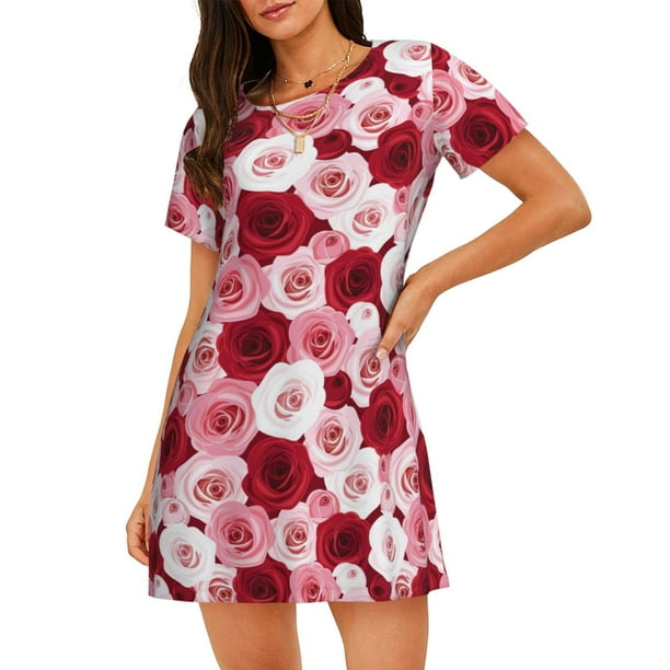 Fotbe Rose Bata de Dormir para Mujer con Estampado, Camisón de Algodón de Manga Corta, Ropa de Dormir Casual