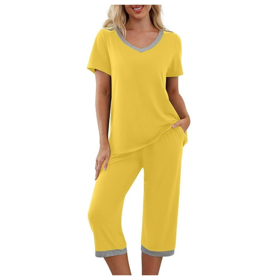 Fiaer,Women's Oversized Loose Fit Pajamas Sets,Womens V Neck T Shirts Capri Pants Lounge Outfits,Lightweight Color Blocking Sleepwear 2 Piece for Women,Ladies Pjs with 2 Pockets Yellow XL