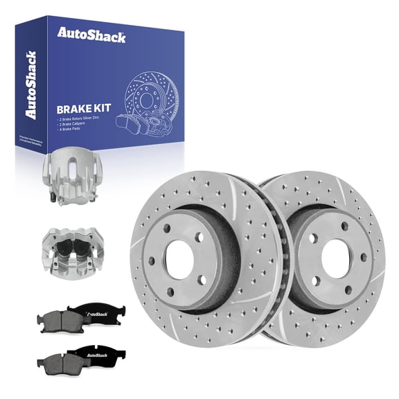 AutoShack Front Vented Drilled & Slotted Silver Zinc Coated Brake Rotor   Premium Ceramic Pad   Caliper 8-PC Brake Kit Replacement for 2011-2017 Jeep Grand Cherokee SilverShield Pro 13.78" (350 mm)