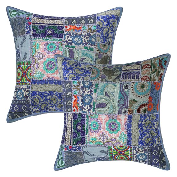 Stylo Culture Ethnic Cotton Decorative Throw Pillow Covers Grey 20 x 20 Bohemian Vintage Patchwork Ethnic Sofa Cushion Covers 50x50 cm Home Decor Abstract Square Pillow Cases | Set Of 2