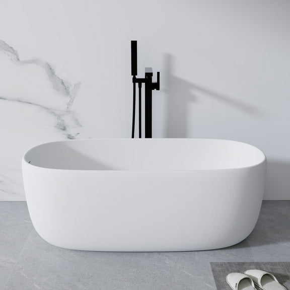 51'' Freestanding Resin Stone Soaking Bathtub - Deep Immersion Tub with Ergonomic Backrest, Solid Surface Construction, Overflow Drain & Non-Porous Finish, White