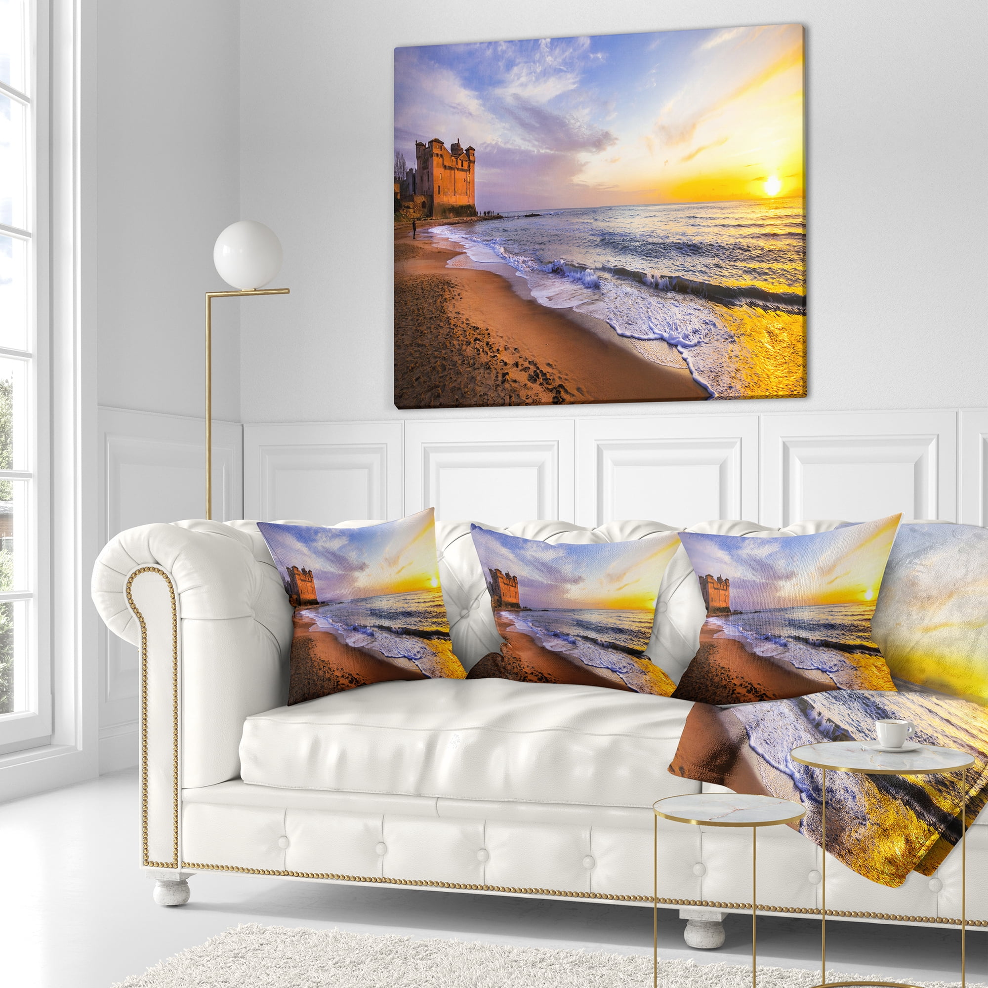 Designart Castle Santa Severa over Sunset Italy - Seashore Throw Pillow - 16x16