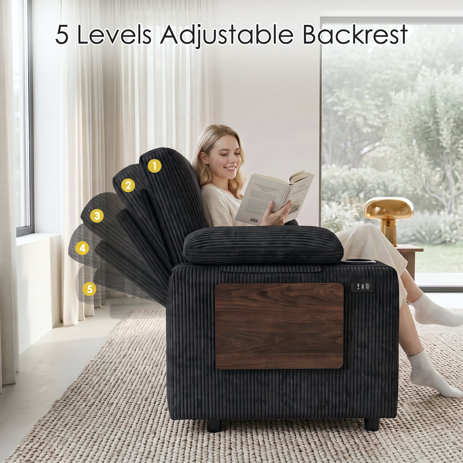 58" Convertible Sleeper Sofa Bed, Full Size Pull Out Couch with USB Charging, Cup Holders, Side Table, Adjustable Backrest, Corduroy Loveseat for Living Room, Apartment, Office (Black)