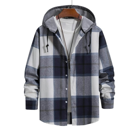 Brilliant Mens Shirts under $5.00 Men Casual Turndown Long Sleeve Button Closure Plaid Print Hooded Shirt