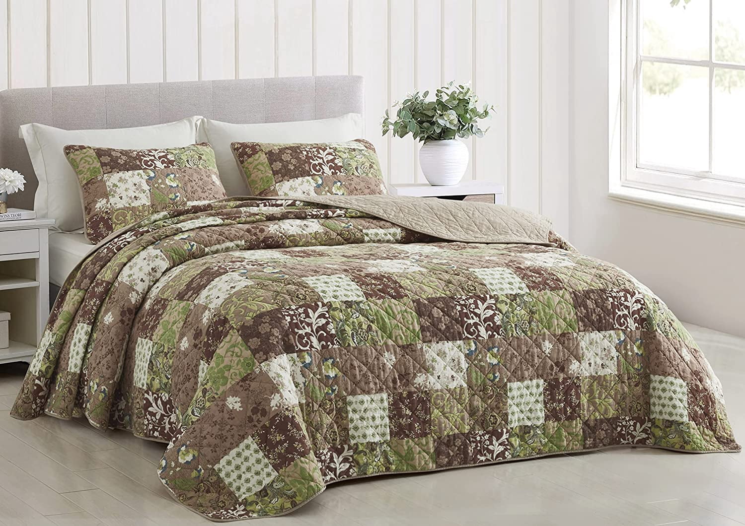 Chezmoi Collection Leilani 3-Piece Boho Washed Cotton Quilt Set Queen Size - Bohemian Quilted Bedding Brown Taupe Green White Floral Printed Patchwork Lightweight Bedspread Set for All Season