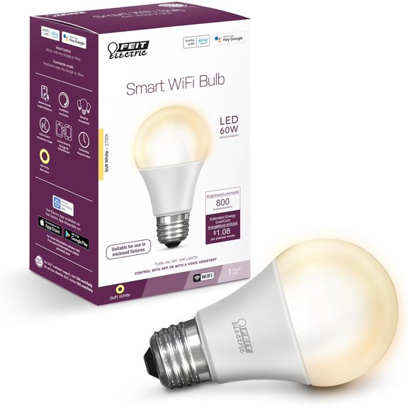 OM60/927CA/AG 60W Equivalent WiFi Dimmable, No Hub Required, Alexa Google Assistant A19 Smart LED Light Bulb, 4.4" H x 2.3" D, 2700K Soft White