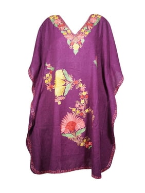 Mogul Women Purple Floral Caftan Dress V-Neck Kimono Resort Wear Mid Length Cover Up Resort Wear Kaftan 3XL