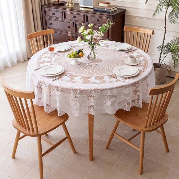 Floral Lace Tablecloth for Round Table Elegant Lace Table Cloth French Style Tablecloth with Butterfly Embroidery Dining Tabletop Decoration for Wedding Baby Shower Holiday Party 180cm