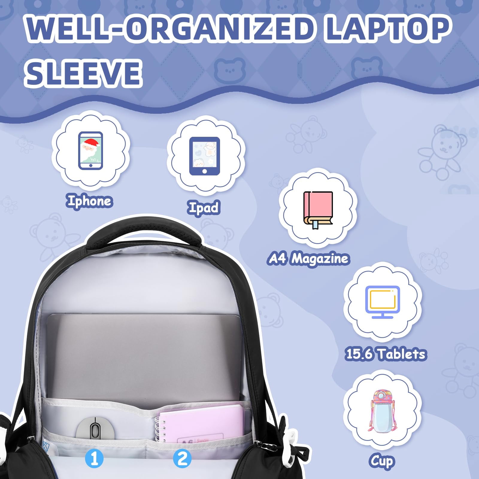 Soda Candy Backpacks with Anti-Theft Back Pocket, Lightweight School Backpack, Water Resistant Bookbag, Black