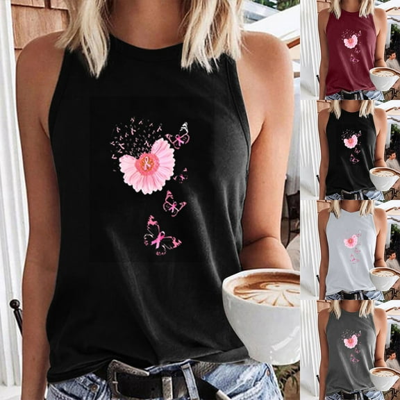 VKOYWKM Womens Breast Cancer Tank Tops Pink Ribbon Print Breast Cancer Awareness Tank Top Sleeveless Crew Neck Fight Cancer Shirts Inspirational Tank Tops