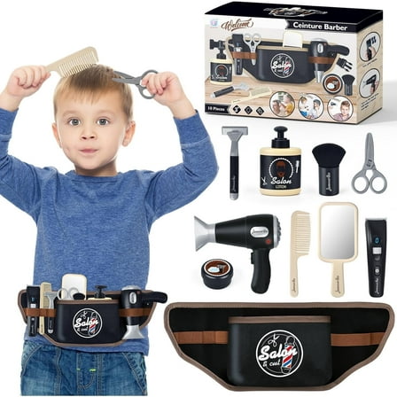 Hair Salon Toys for Boy 2-4 Year Old Gift, Pretend Play Hair Salon Stylist Toy Kit with Barber Apron, Hair Dryer, Mirror, Scissors and Styling Accessories
