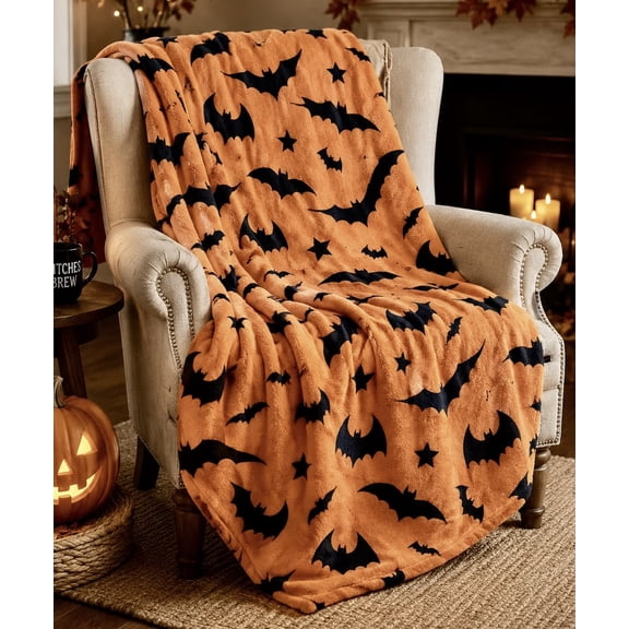 Serafina Home Halloween Throw Blanket: Soft Black Bats Silhouette on Orange Velvet Fleece for Sofa Bed Couch Chair Dorm