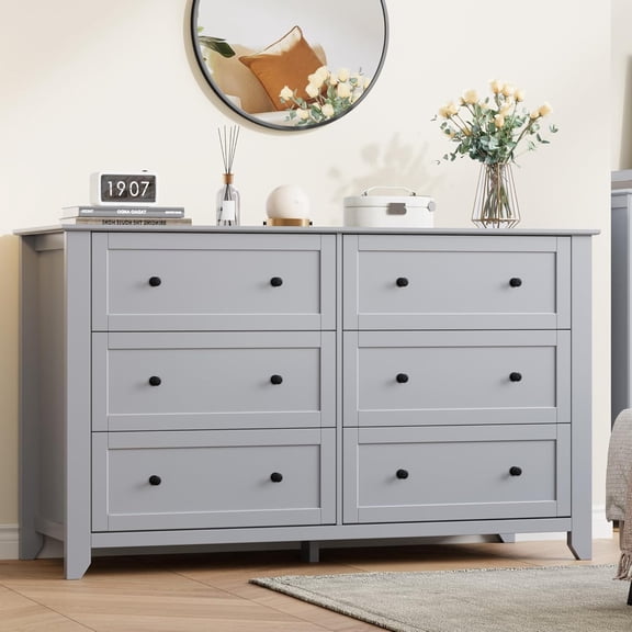 6 Drawer Dresser for Bedroom, 54'' Larger Chest of Drawers with Mental Handle, Modern Wooden Chests, with 6 Storage Drawers for Living Room, Entryway and Hallway