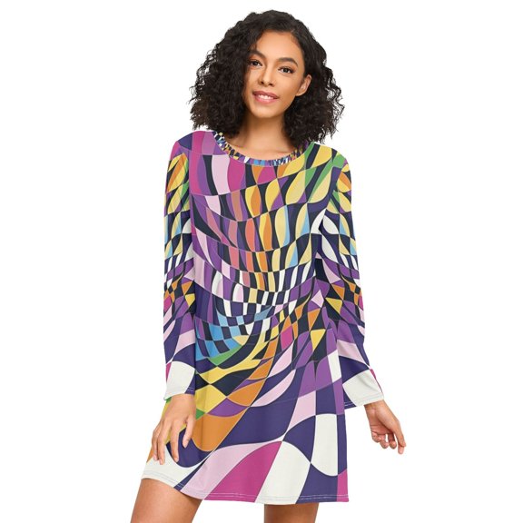 FORMRS Womens Long Sleeve Nightgowns Crew Neck Sleep Shirt Soft Pajamas Sizes S-3XL, Purple Wavy Plaid