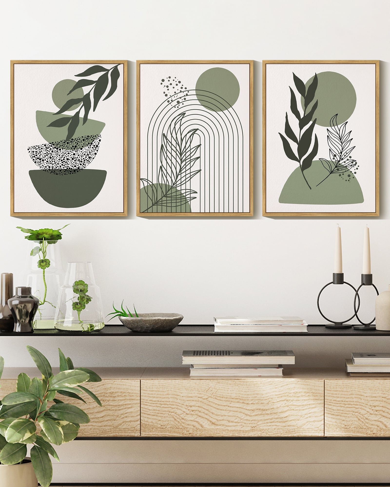 SHENIFY Green Boho Wall Art Prints Framed Wood Sage Wall Decor Mid Century Modern Abstract Geometric Artwork Natural Canvas Prints for Living Room Bedroom - 12x16in3pcs Neutral Framed