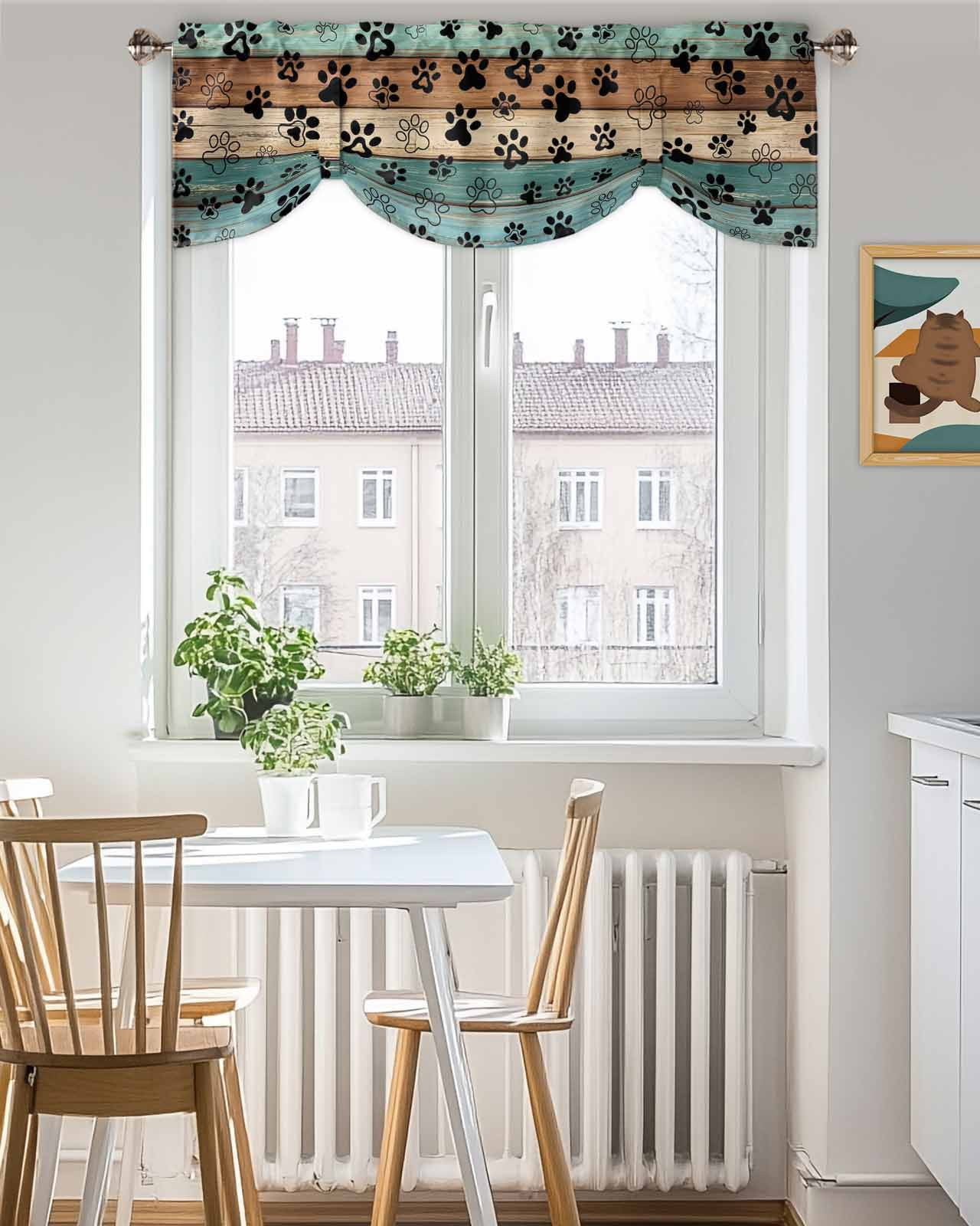 Dog Claws Tie Up Valances Curtain, Adjustable Kitchen Teal Brown Wood Grain Valances for Windows Decor, Rod Pocket Short Curtains Set for Bedroom/Bathroom, 54"x18"
