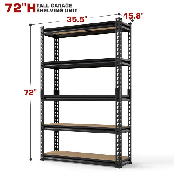 Heavy Duty 5-Tier Metal Shelving Unit, 72" Adjustable 2000lbs Capacity Garage Storage Rack, Utility Shelf for Kitchen, Basement, Warehouse, Living Room, Black