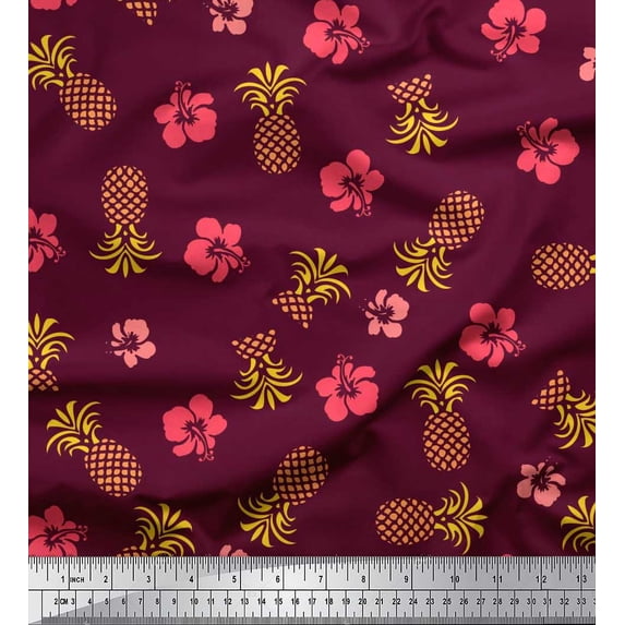 Soimoi Purple Velvet Fabric Floral & Pine Fruits Printed Craft Fabric by the Yard 58 Inch Wide