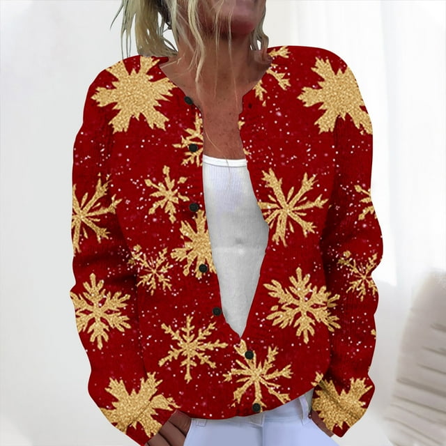 LOVZFMLL Cardigan for Women's Christmas Printed Knitted Cardigan Button Coat