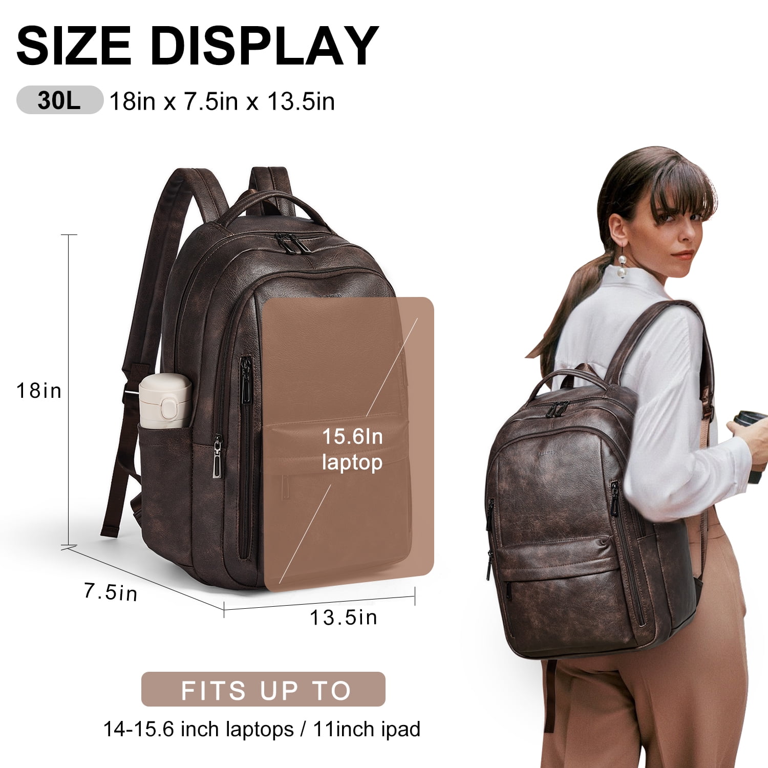 Versatile 30L Faux Leather Backpack Purse for Women & Men, Multi-Use Travel Work Laptop Backpack Bookbag, Fits 15.6" Laptop - Coffee