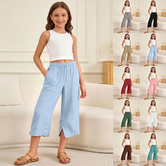 YaEYa Girls Linen Capri Pants Wide Leg Cozy Elastic Waist Flowy Casual Pants Summer Beach Cropped Trousers with Pockets (Black,9-10 Years)