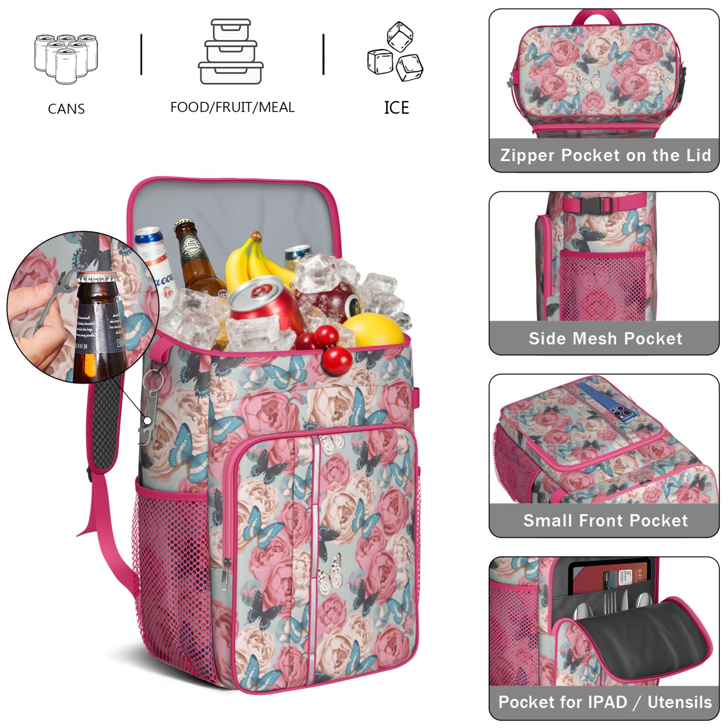Travel Cooler Bag - Pioneer Flower Floral Print Pattern Camping Beer Cooler Backpack with Bottle Opener- Waterproof Insulated Picnic Backpacks - Cooler Bag for Beach
