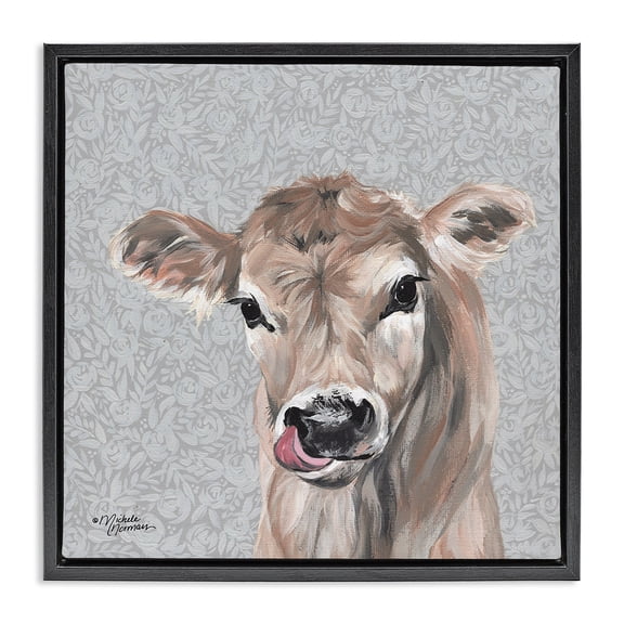 Stupell Industries Cottage Young Calf Portrait on Floral Black Floating Frame Canvas Art, 18 x 18, by Michele Norman