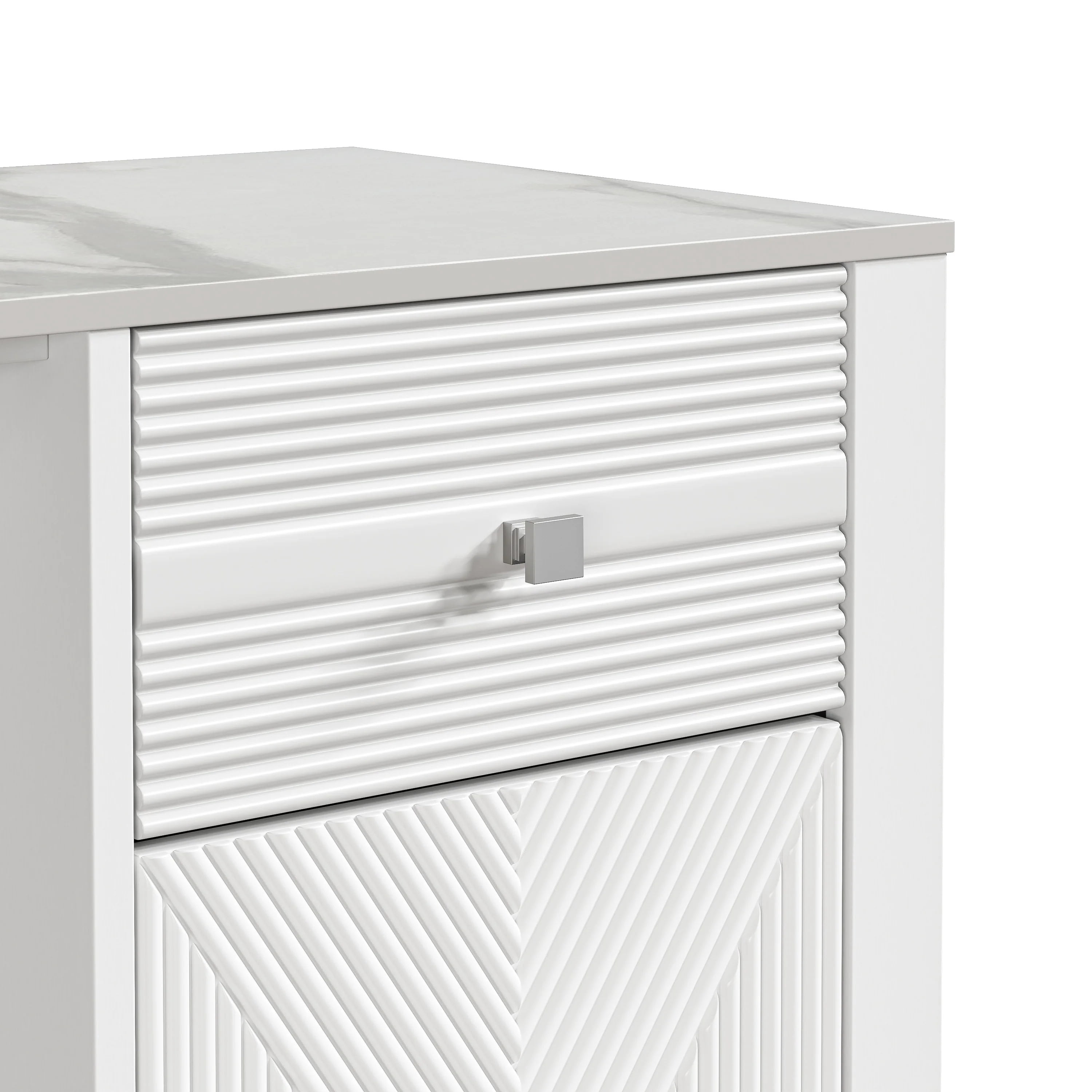 42" Wine Cabinet – Metal Glass Rack, Wood Grid, Adjustable Shelves, Drawers & Slate Top，White