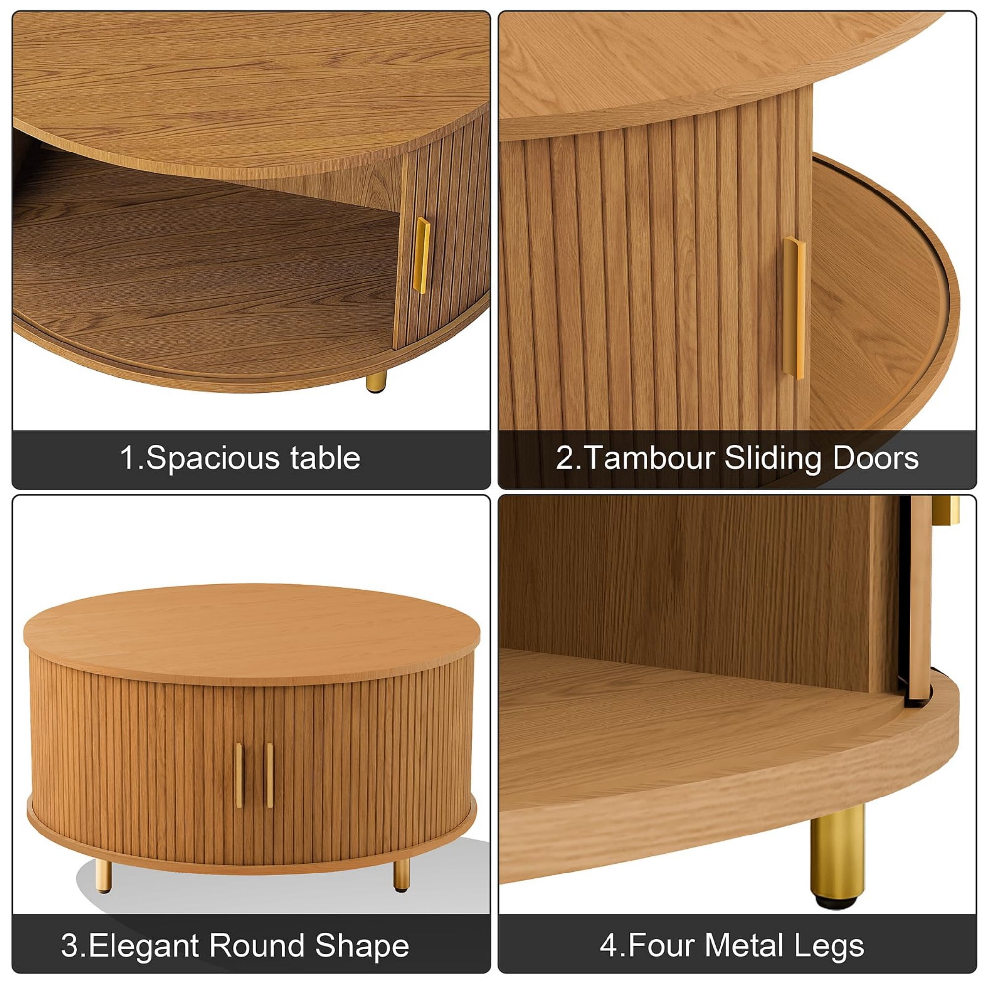 31.5" Round Coffee Table, Mid Century Modern Fluted Coffee Table with 360° Sliding Tambour Door & Storage, Yellow
