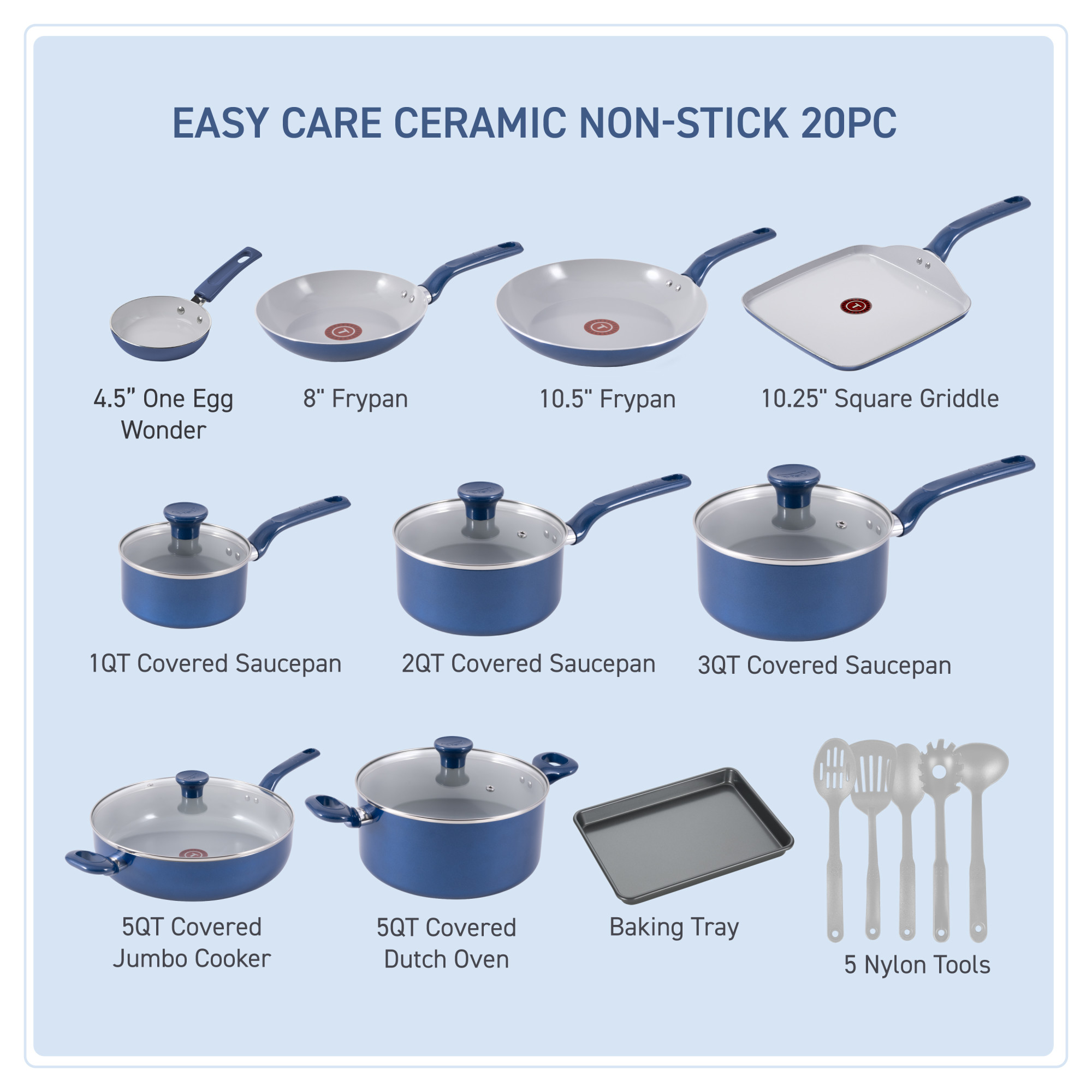 T-fal Easy Care Ceramic Nonstick 12-Piece Cookware Set, Blue photo 2
