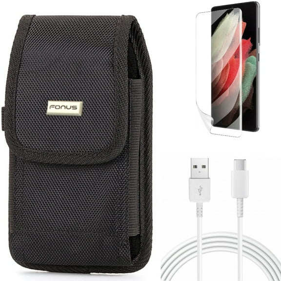 Case Belt Clip & 10ft USB-C Cable & Matte Screen Protector for Samsung Galaxy S22 Plus (S22 ) - Combo Rugged Holster & Type-C Charger Cord Power & TPU Film Anti-Glare