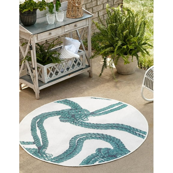 Unique Loom Outdoor Coastal Collection Area Rug - Tethered (4' Round Ivory/Navy Blue)