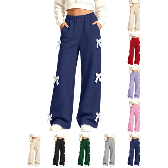 Girls Sweatpants Nelozsy Girls Elastic High‑Waist Wide‑Leg Sweatpants Bow Decor Trousers with Side Pockets Solid Color Navy 5-6 Years