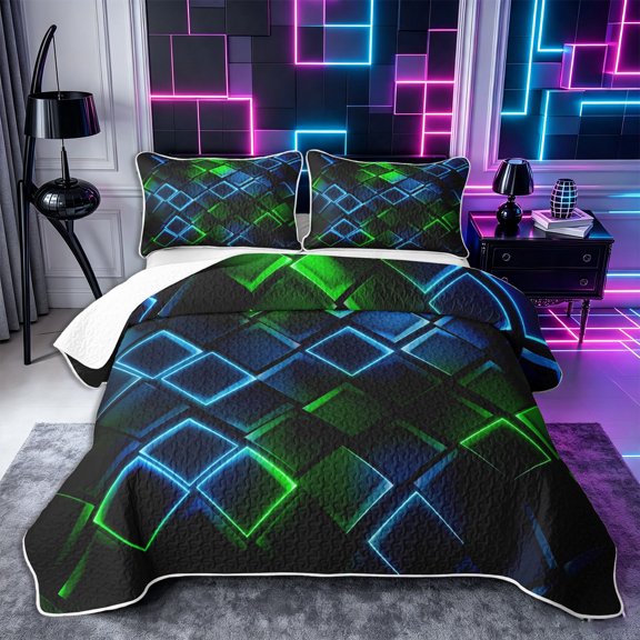 Castle Fairy Abstract Neon Block Twin Quilt Set 2 Pieces,Minimalism Futuristic Cubes Twin Coverlet Set,Green Blue Black,1 Bedspread and 1 Pillowcase