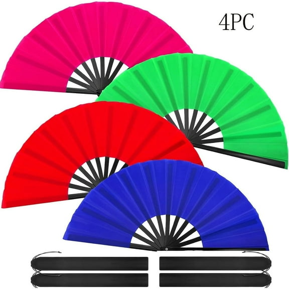 4 Pcs Large Folding Hand Fans, Silk Folding Fans, Fans for Line Dancing Big Clapping Popping Raves Fans Bulk for Festival Party Decoration (Blue, Rose Red, Green, Red)