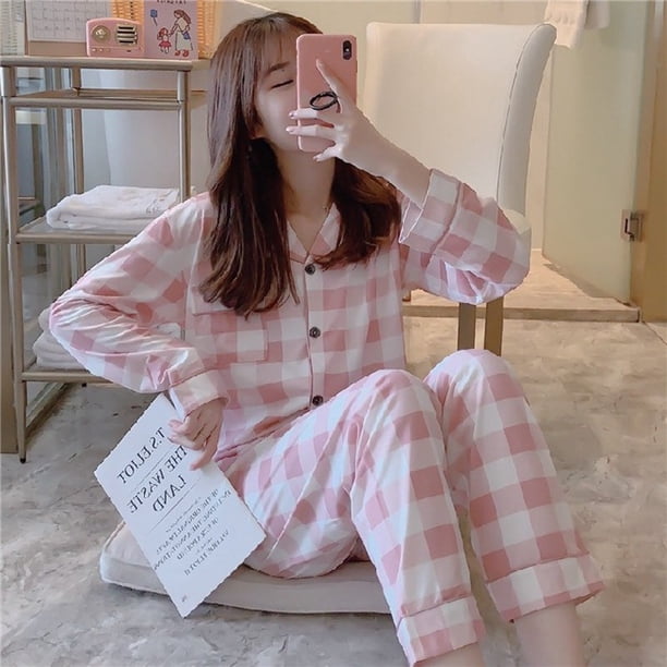 Pijama de encaje dulce de color azul cereza para mujer, pantalones de manga larga de primavera y otoño, cárdigan, traje de casa para niña