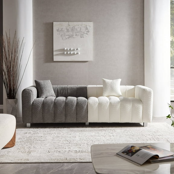 SZLIZCCC 87.4'' 3 Seater Velvet Sofa Loveseat ,Pianokey sofa Modern Bubble Upholstered Couch with 2 Pillows and Metal Feet for Living Room Gray White