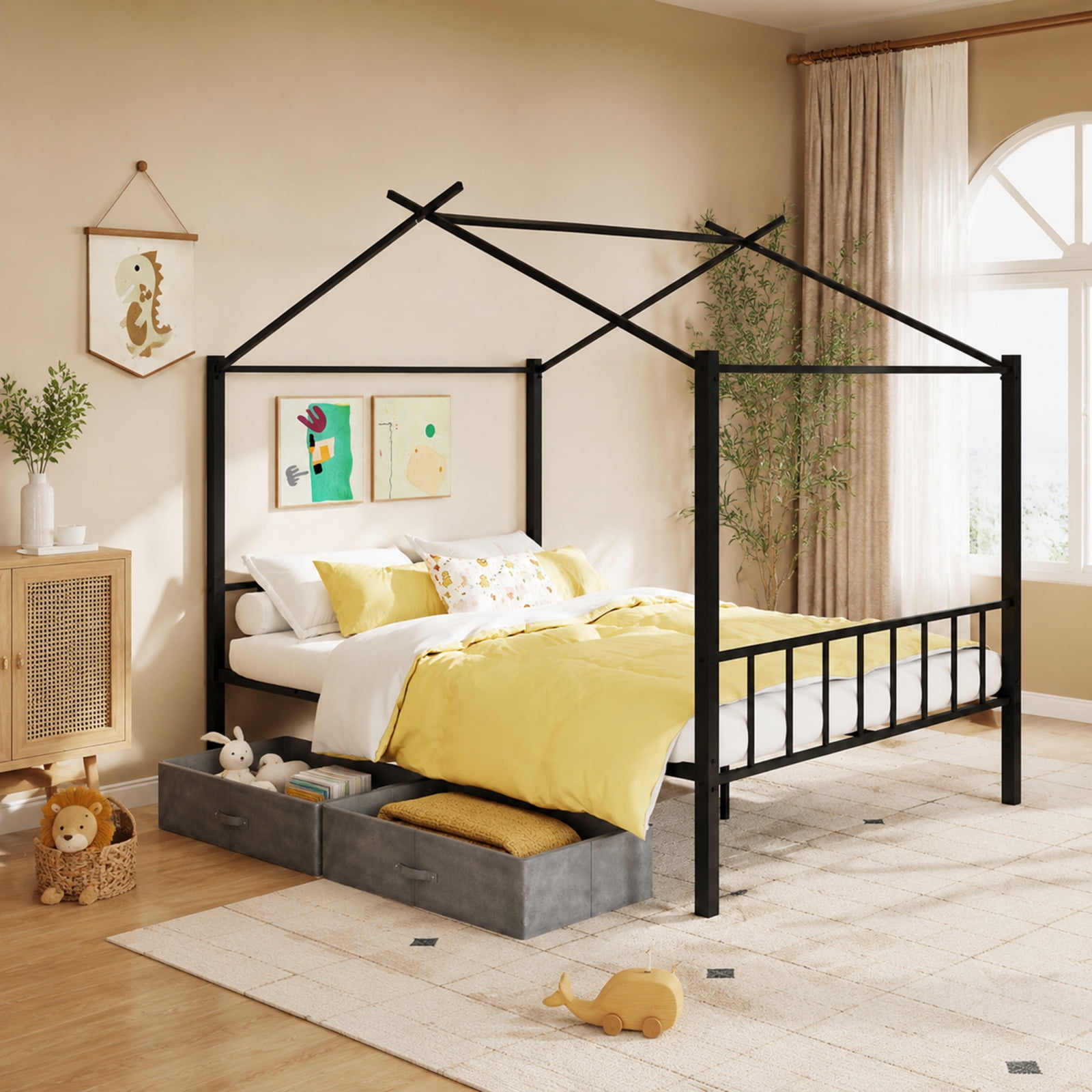 Furnibear Full Metal House Bed with 2 Foldable Fabric Drawers 12 Heavy Duty Slats 660 lbs Capacity Noise Free Foam and Anti Slip Foot Pads, Black