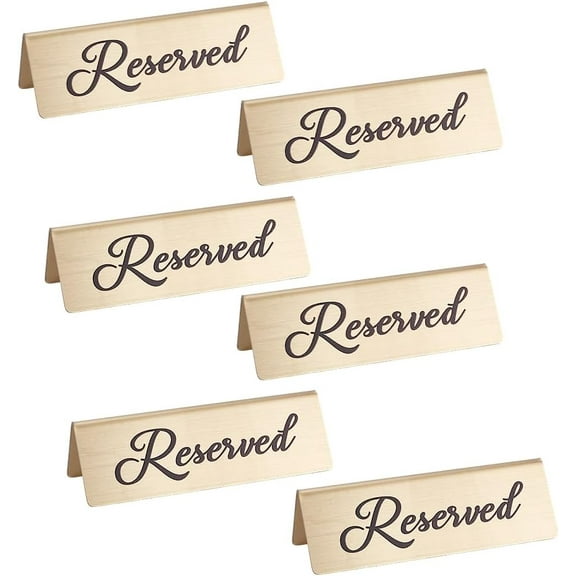 6Pcs Golden Reserved Table Sign 4.7x1.7x1.4 Inch Desk Top Stand Tent Sign Stainless Steel Reserved Sign Reserved Table Tent Sign 201 Stainless for Resturants Bars and Weddings