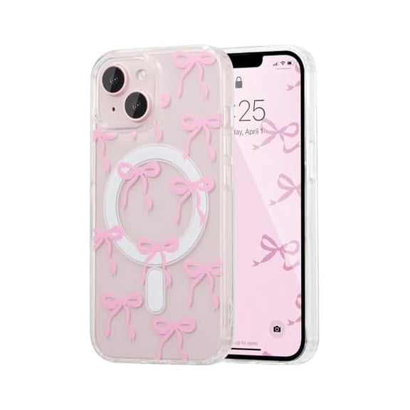 xixishop Magnetic for iPhone 15 Case, Bow Case Compatible with MagSafe, Wireless Slim Clear Ribbon Aesthetic Phone Cover Anti-Yellowing Shockproof Protective Cover for Women Girl - Pink
